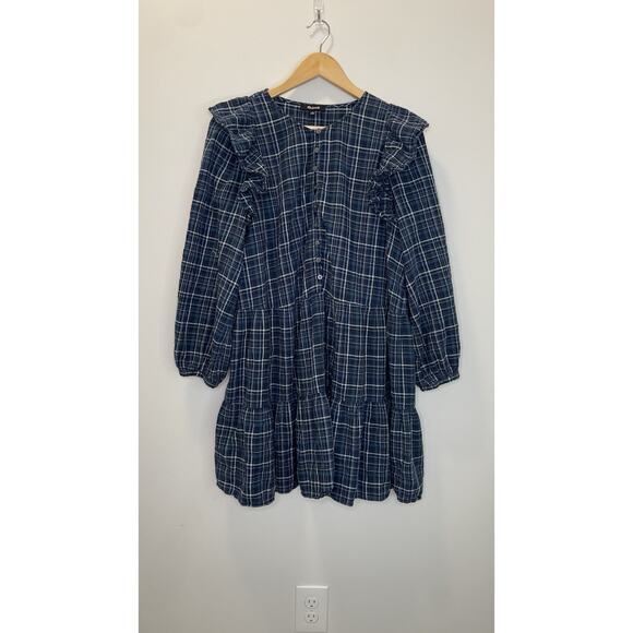Madewell L Ruffle Trimmed Midi Dress Womens Peasant Blue Plaid Gauze Boho - Picture 2 of 10